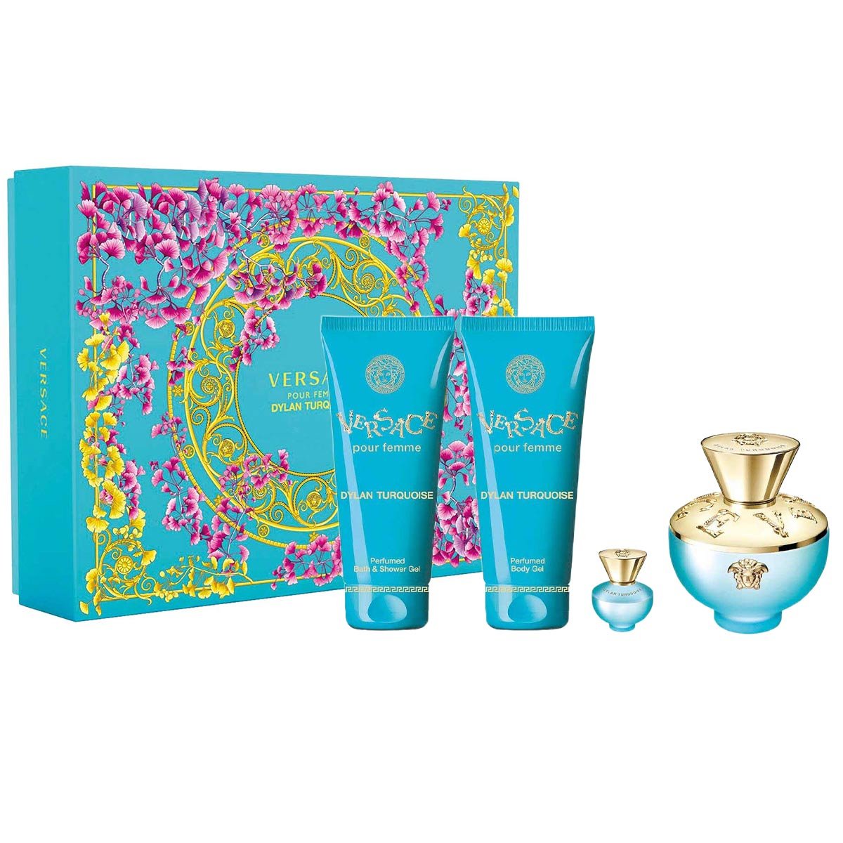 Gift Set Versace Pour Femme Dylan Turquoise 4pcs ( EDT 100ml + Body Lotion 100ml + Shower gel 100ml + EDT 5ml)